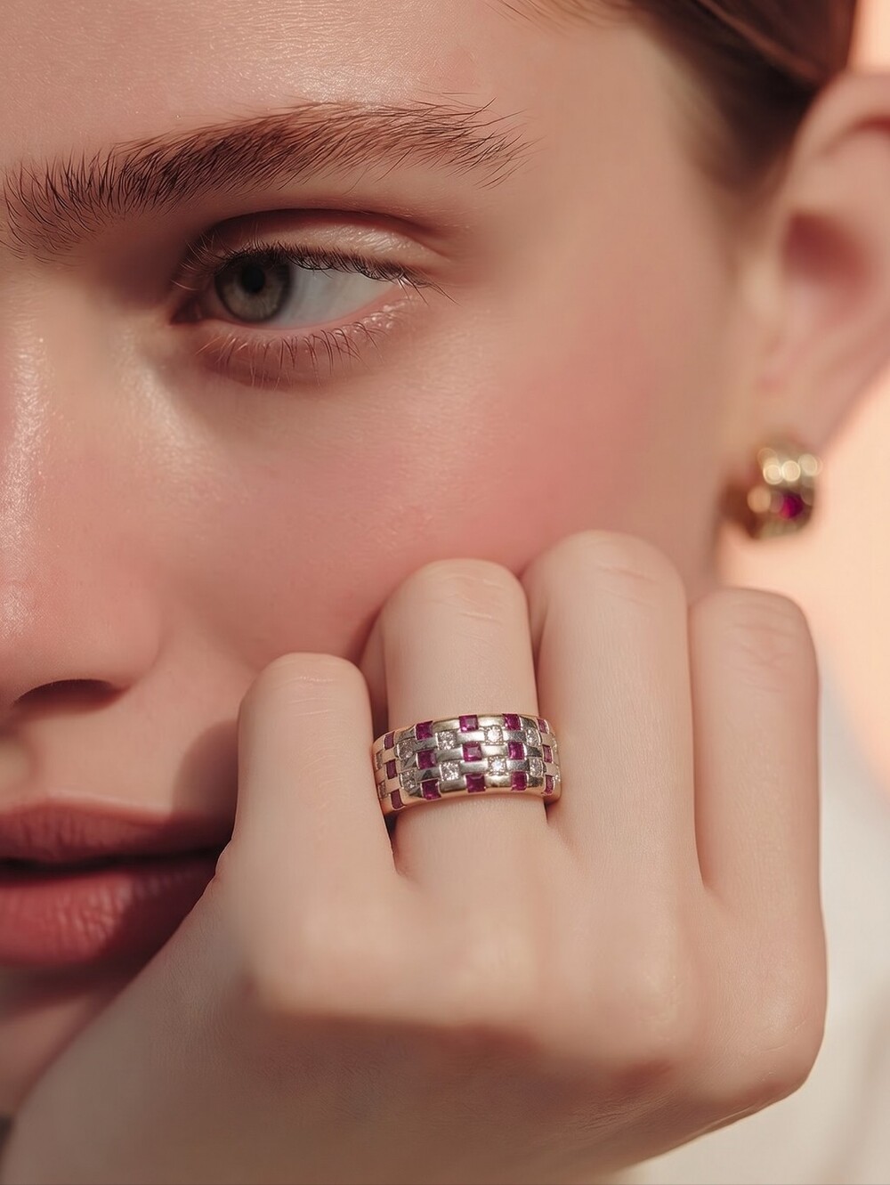 Sterling Silver Band Ring with Pink and Clear Stones